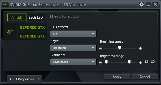 GeForce Experience NVIDIA GeForce GTX LED Visualizer - All LEDs 模式