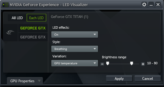 GeForce Experience NVIDIA GeForce GTX LED Visualizer - Each LED 模式