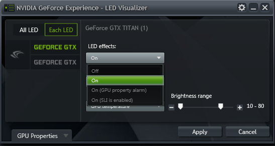 GeForce Experience NVIDIA GeForce GTX LED Visualizer - LED 效果下拉菜单