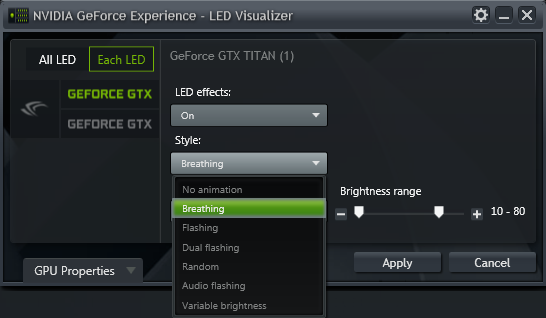 GeForce Experience NVIDIA GeForce GTX LED Visualizer - 动画样式选项
