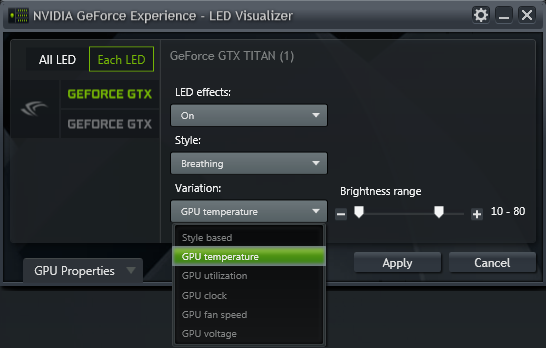 GeForce Experience NVIDIA GeForce GTX LED Visualizer - 变化下拉菜单