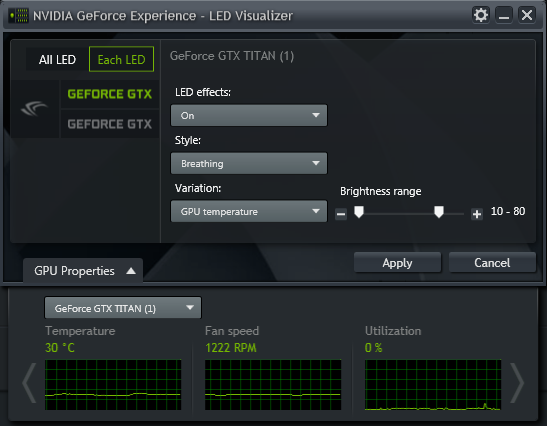 GeForce Experience NVIDIA GeForce GTX LED Visualizer - GPU 属性窗口